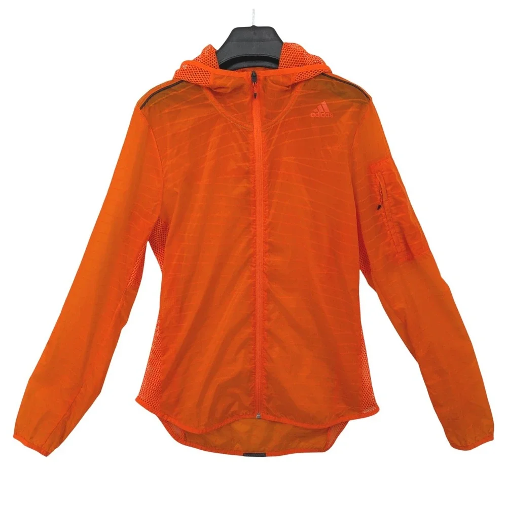 Adidas Running Jacket Bright Orange Hooded Lightweight Mesh Vent Windbreaker M